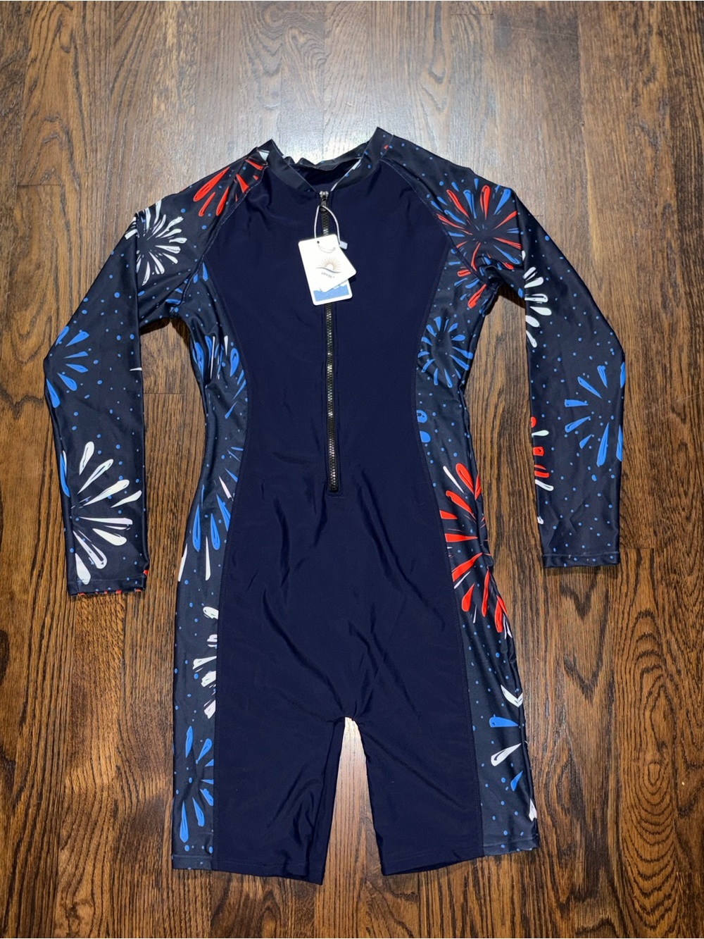 Boyleg Rash Guard Swimsuit Front Zipper Long Sleeves Firework pattern.
 UPF50+